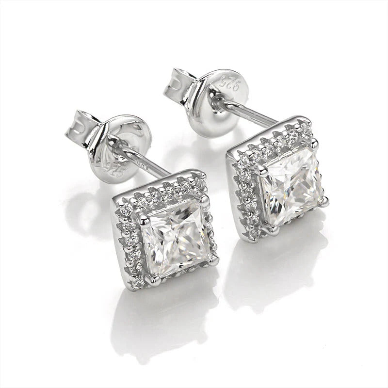 Princess Cut Moissanite Halo Stud Earrings