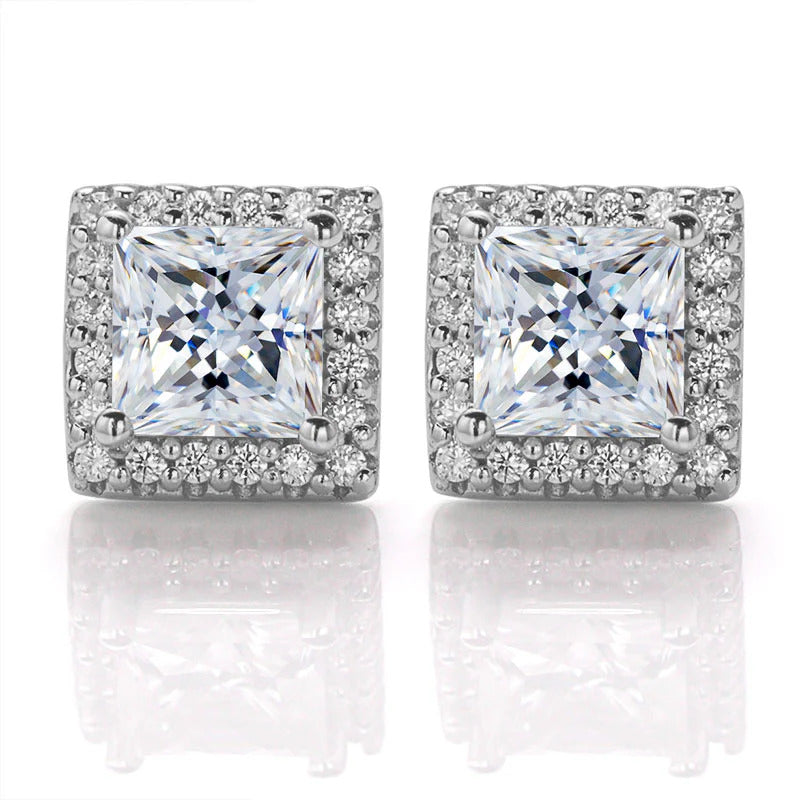 Princess Cut Moissanite Halo Stud Earrings