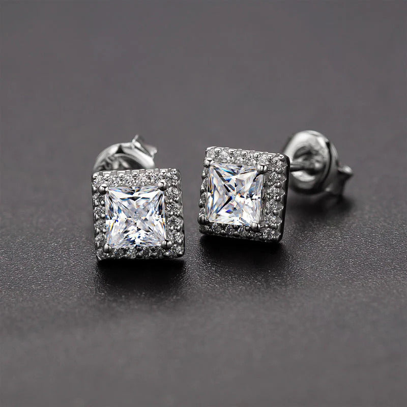 Princess Cut Moissanite Halo Stud Earrings