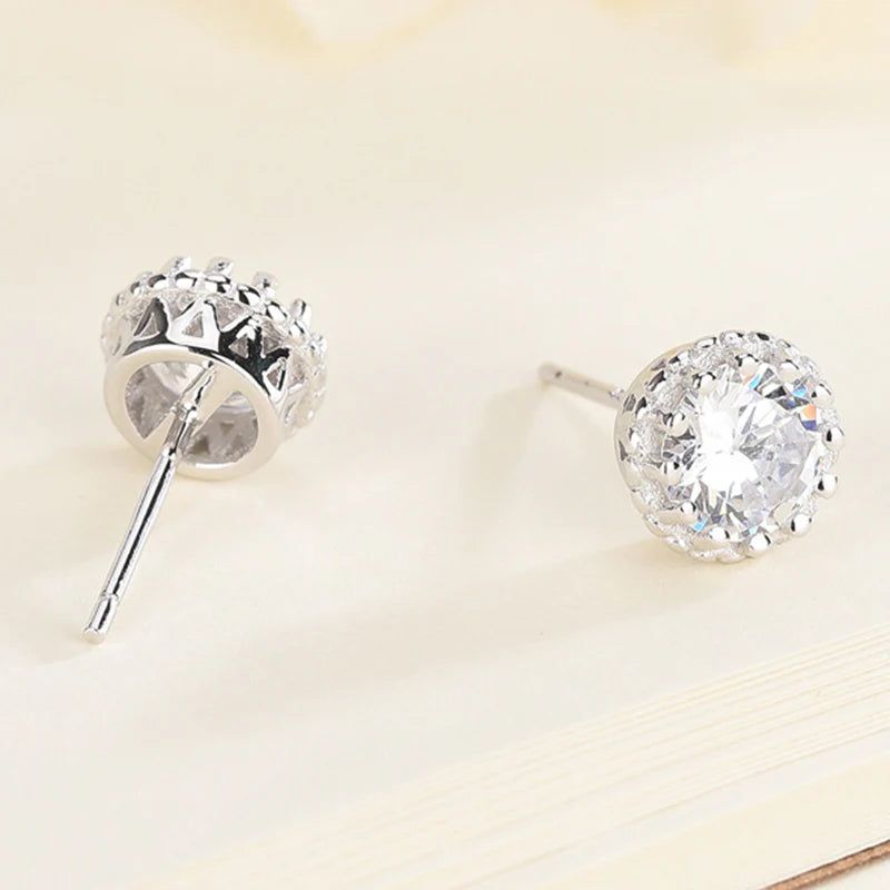 Crown Round Cut Moissanite Halo Stud Earrings