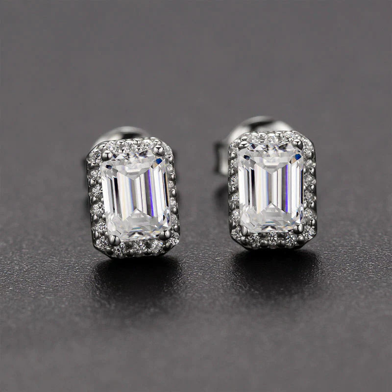 Halo Emerald Cut Moissanite Stud Earrings