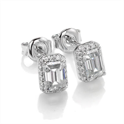 Halo Emerald Cut Moissanite Stud Earrings