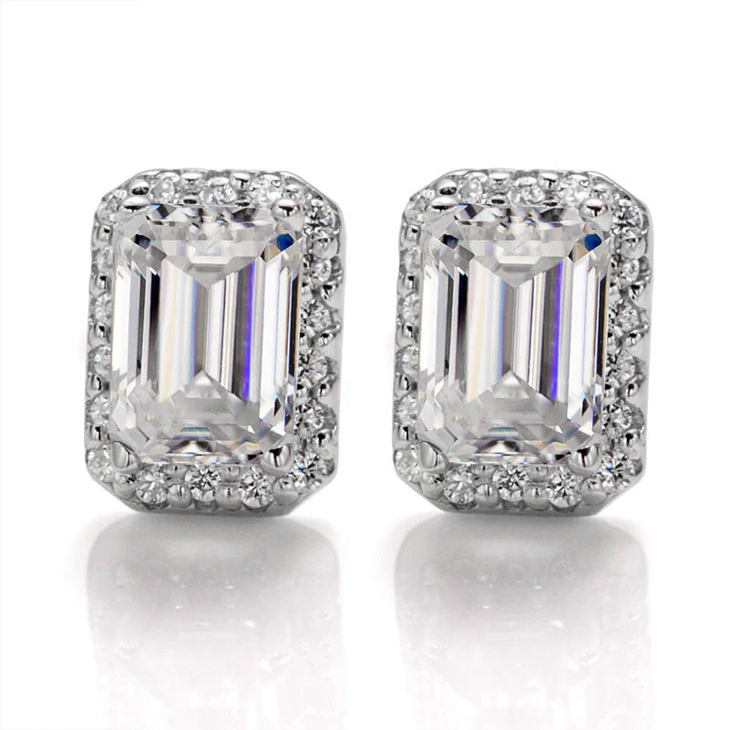 Halo Emerald Cut Moissanite Stud Earrings