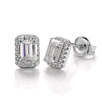 Halo Emerald Cut Moissanite Stud Earrings