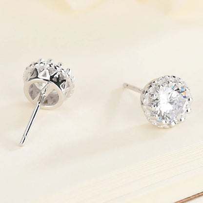 Crown Round Cut Moissanite Halo Stud Earrings