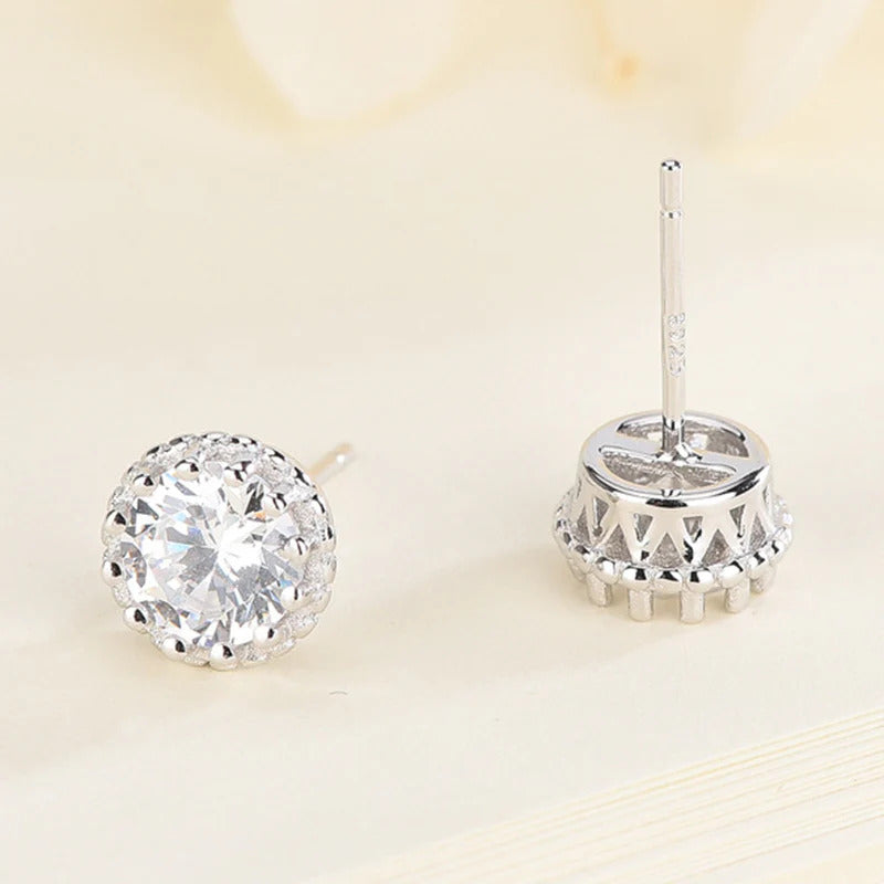 Crown Round Cut Moissanite Halo Stud Earrings