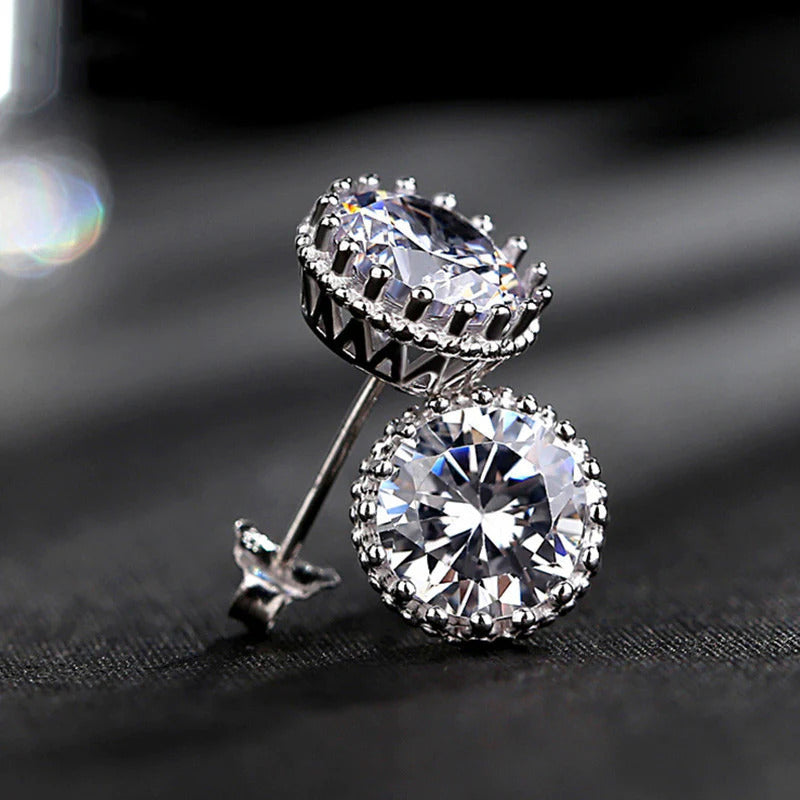 Crown Round Cut Moissanite Halo Stud Earrings