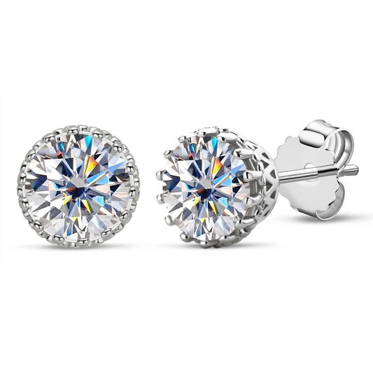 Crown Round Cut Moissanite Halo Stud Earrings