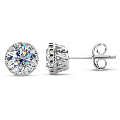 Crown Round Cut Moissanite Halo Stud Earrings