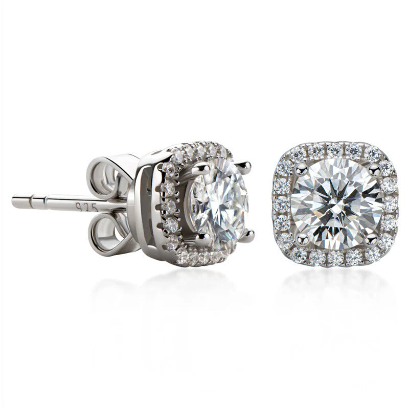 Moissanite Round Halo Earrings in Sterling Silver