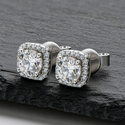 Moissanite Round Halo Earrings in Sterling Silver