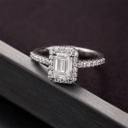 Emerald Cut Moissanite Halo Ring