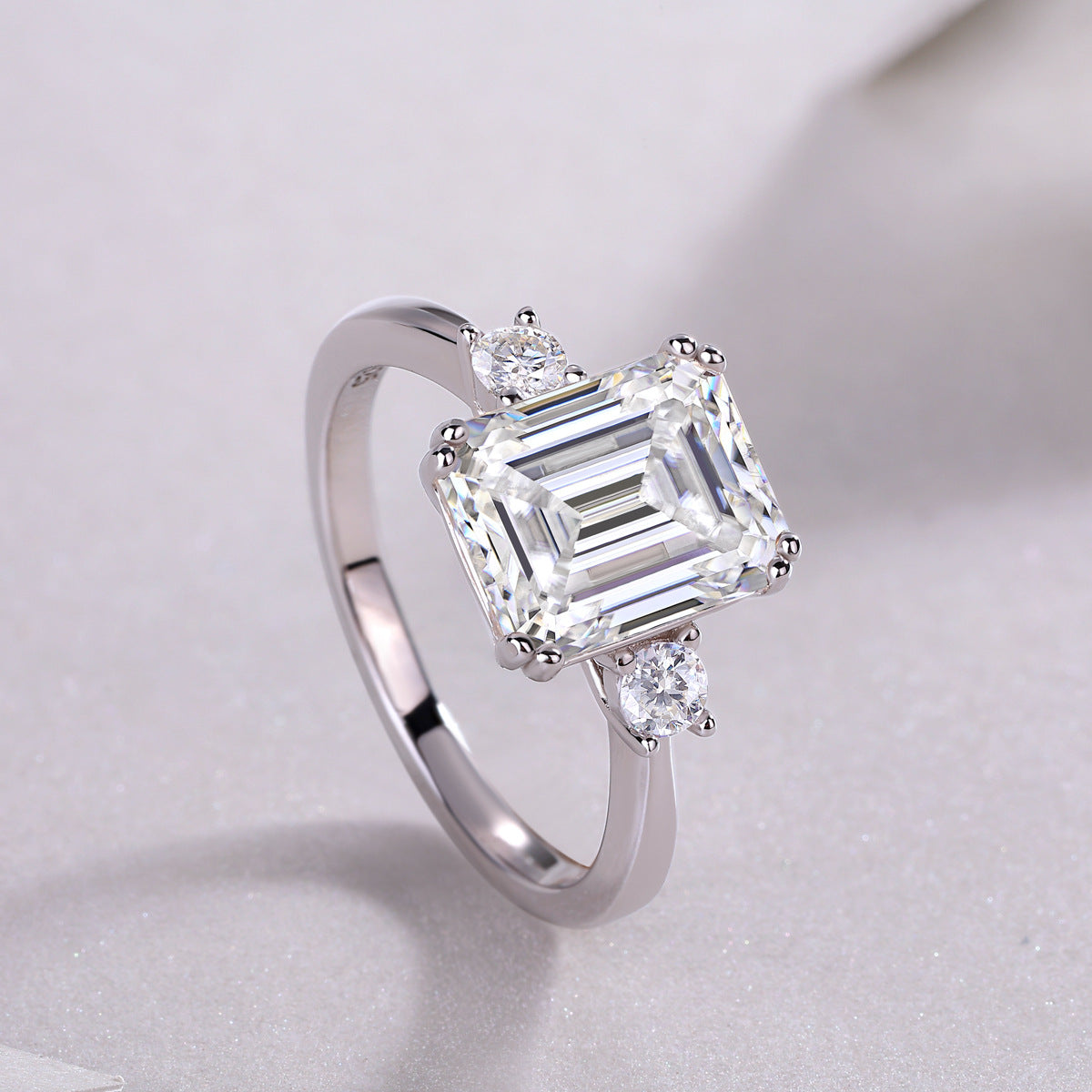 Three Stone Emerald Cut Moissanite Engagement Ring