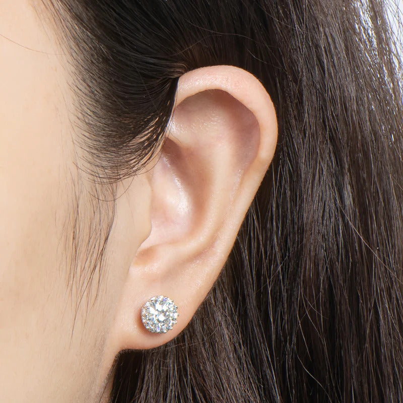 Crown Round Cut Moissanite Halo Stud Earrings