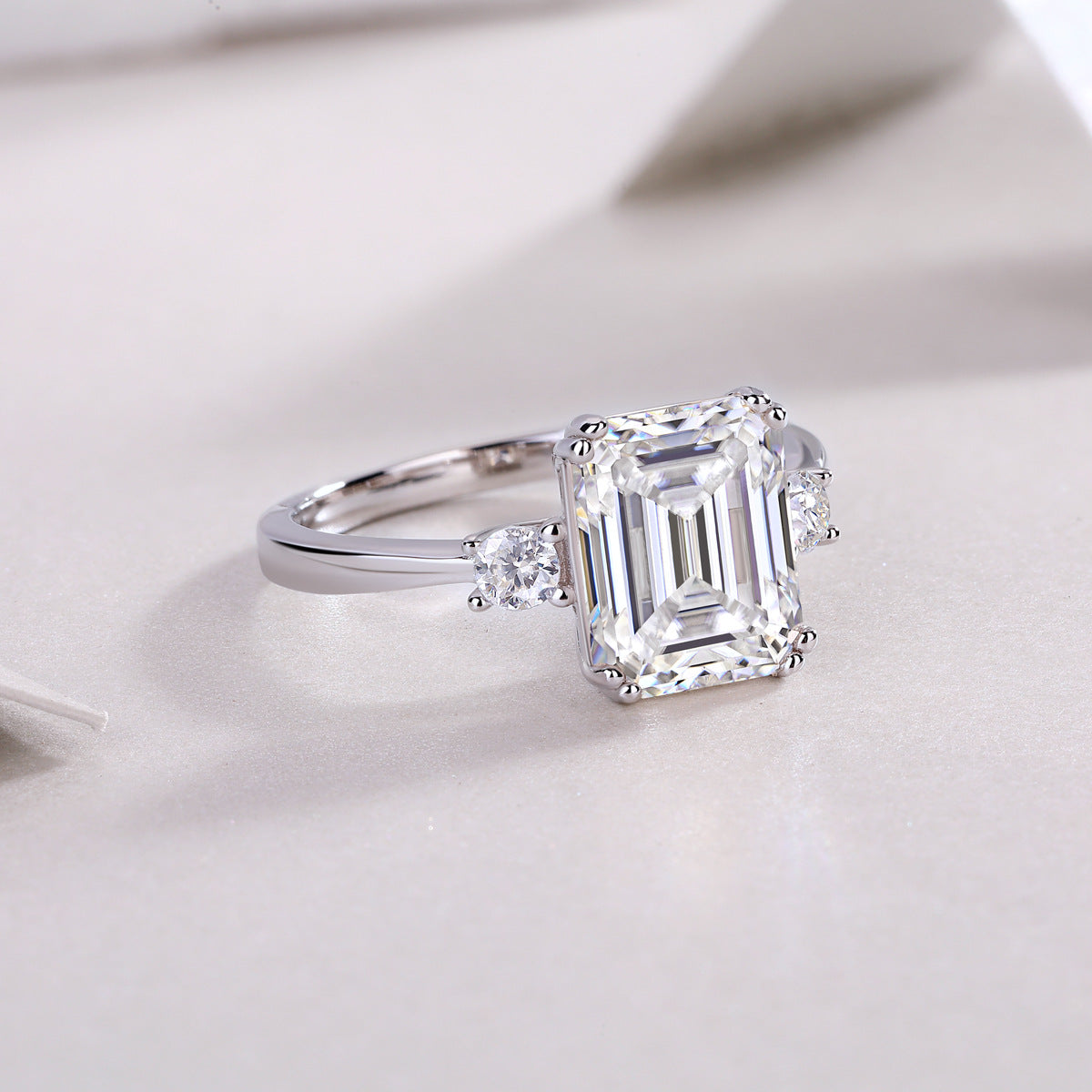 Three Stone Emerald Cut Moissanite Engagement Ring