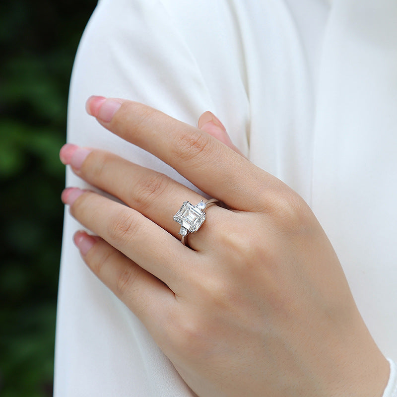 Three Stone Emerald Cut Moissanite Engagement Ring