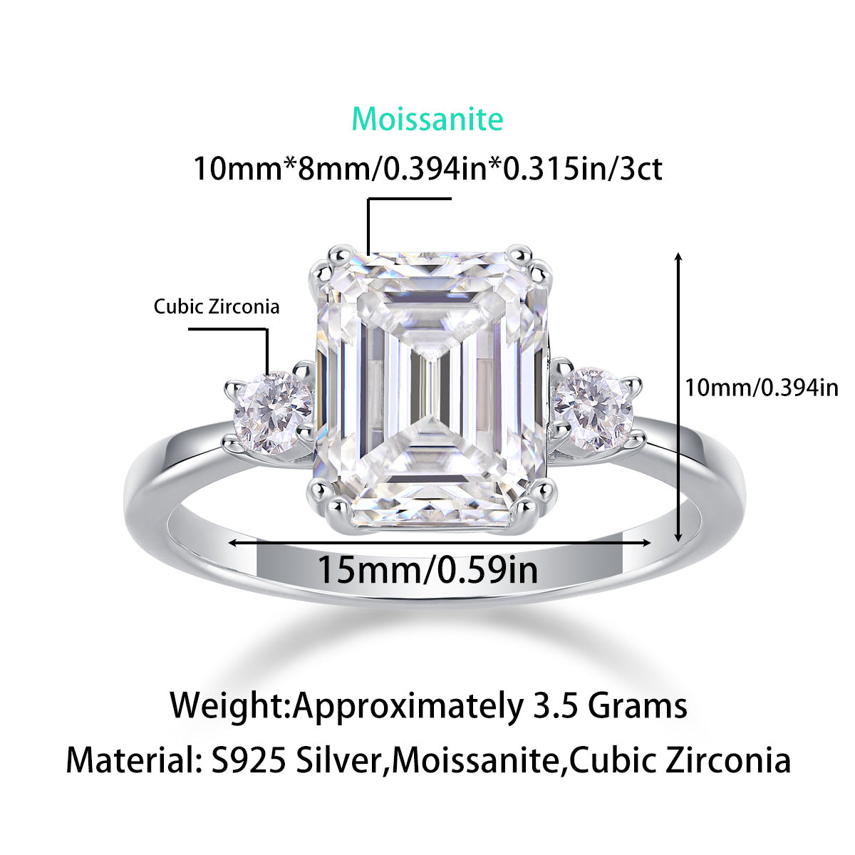 Three Stone Emerald Cut Moissanite Engagement Ring