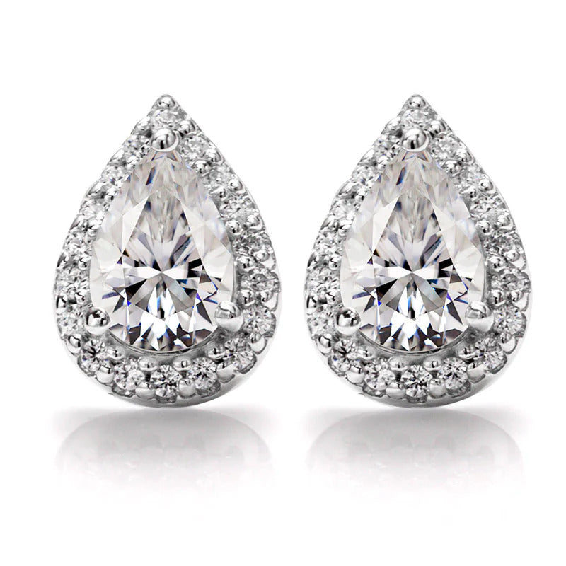 Halo Pear Shaped Moissanite Stud Earrings