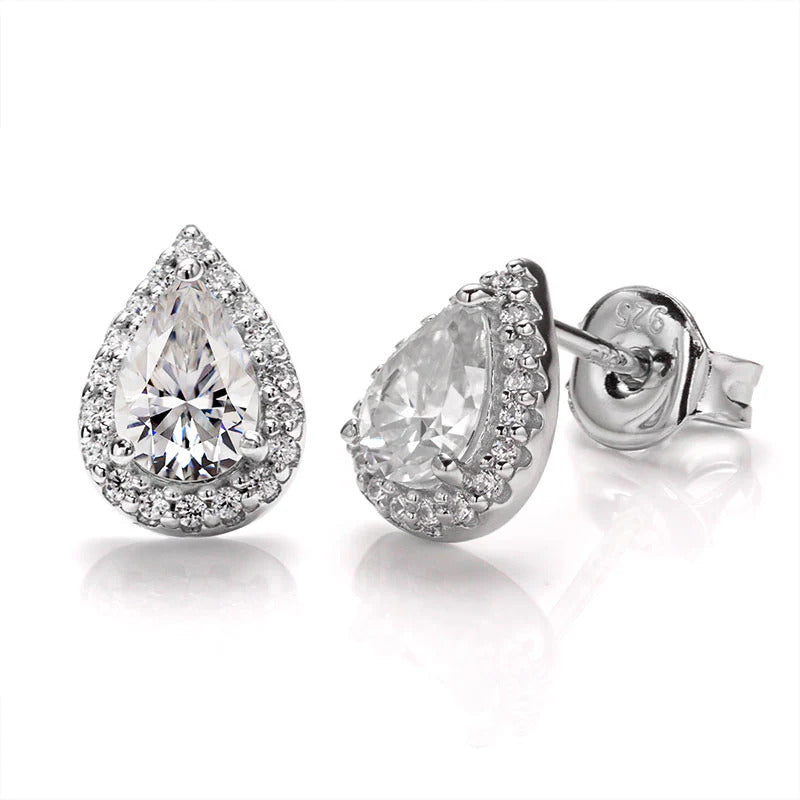 Halo Pear Shaped Moissanite Stud Earrings