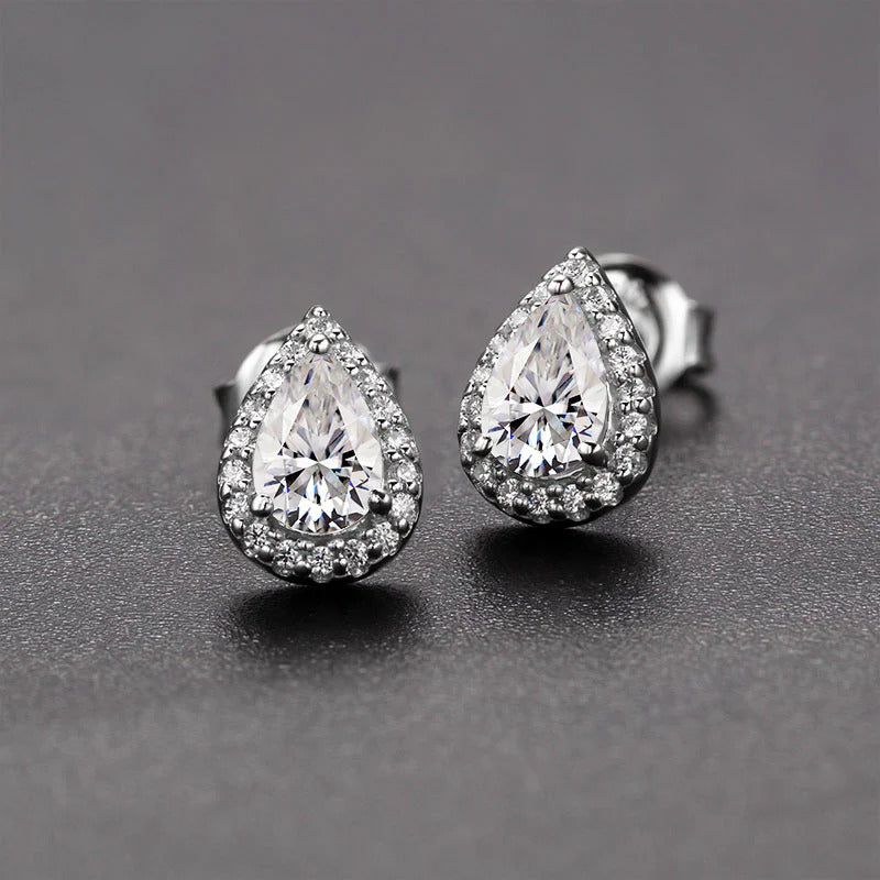 Halo Pear Shaped Moissanite Stud Earrings