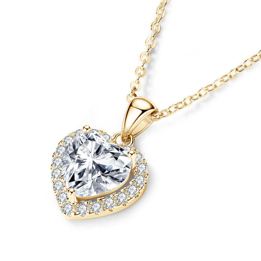 Moissanite Halo Heart Pendant Necklace, gold plated silver