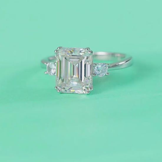 Three Stone Emerald Cut Moissanite Engagement Ring