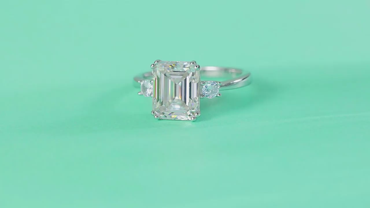 Three Stone Emerald Cut Moissanite Engagement Ring